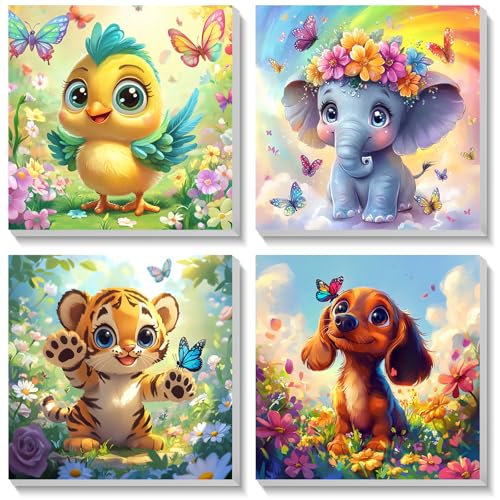 Bowetile 4 Pack Animal Pintar por Numeros Adultos Niños Principiantes con Marco, Kit DIY Cartoon Cuadros para Pintar por Numeros, Pintura Acrilica Manualidades Niña, Regalo 4-8-12+ Años 20X20cm