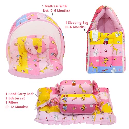 Image of Fareto Combo of Baby Bed with Net | Carry Bag | 4 Pcs Bedding Set (0-6 Months, Baby Size, Cotton) (Pink Giffi)
