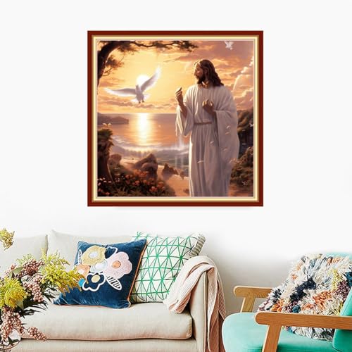 Image of Foxdiviy Stamped Cross Stitch Kits Full Range of Embroidery Needlework Starter Kits for Beginners Adults 11CT Embroidery Patterns Art Crafts DIY Needlepoint Kits-Jesus by the Sea 18x18 inch