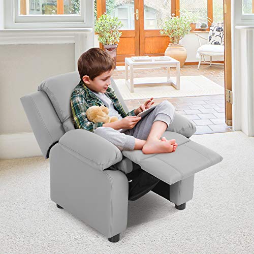 Costzon Kids Recliner, Leather Recliner Chair W/Footrest, Armrest Storage, Headrest & Lumbar Support, Ergonomic Lounge Chair For Living & Gaming Room, Adjustable Recliner Sofa For Boys Girls (Gray) #TOP7