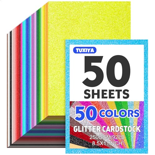 50 Sheets 8.5 X 11 Glitter Cardstock 50 Assorted Colors 250GSM/92LB Glitter Card stock No-Shed Sparkly Glitter Paper for Arts and Crafts Decorative Card Making Scrapbooking DIY Projects