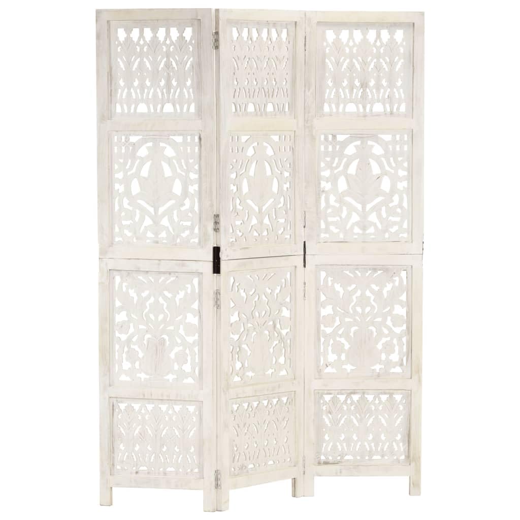 vidaXL Biombo 3 Paneles Tallado a Mano Madera Mango Blanco 120x165 cm
