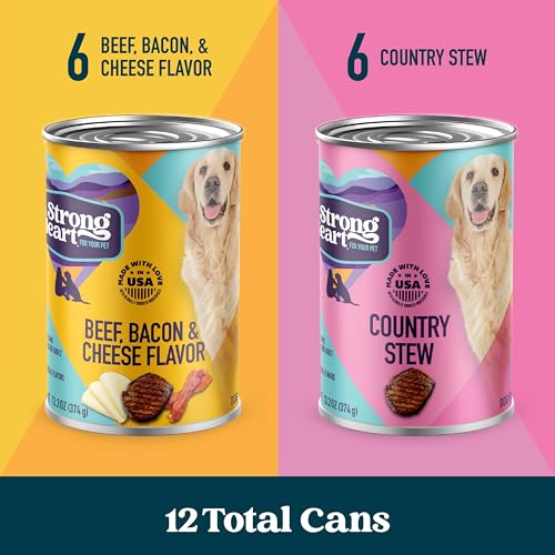 Image of A Strong Heart Wet Dog Food Variety Pack - Beef Bacon & Cheese Cuts & Country Stew Cuts in Gravy | All Life Stages | Complete & Balanced | Made in USA | 13.2oz Cans, 12-Pack