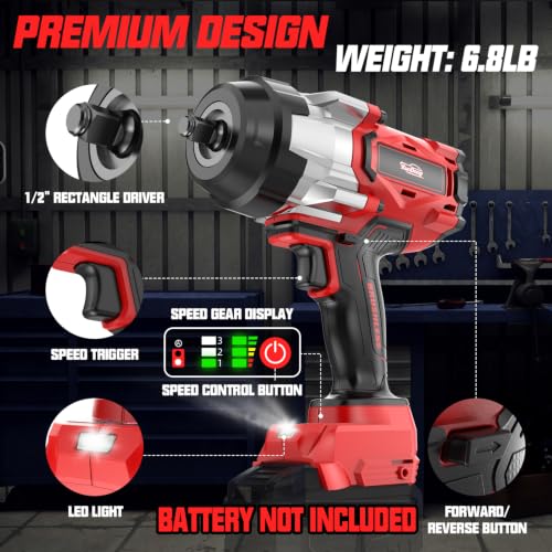 Image of Cordless Impact Wrench 1 /2 inch Compatible with Milwaukee 18V Battery, 1600Ft-lbs(2200N.m) High Torque Impact Gun Heavy Duty, Brushless Electric Power Impact Driver with 4 Speed Modes & LED Work Light