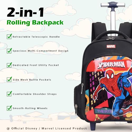 Image of NOVEX Marvel Spiderman Boys Kids School Backpack - 17 Inch | Trolley Bag Convertible Rolling Backpack with Wheels & Adjustable Handle | Spacious School Bags, Lightweight & Durable | Black