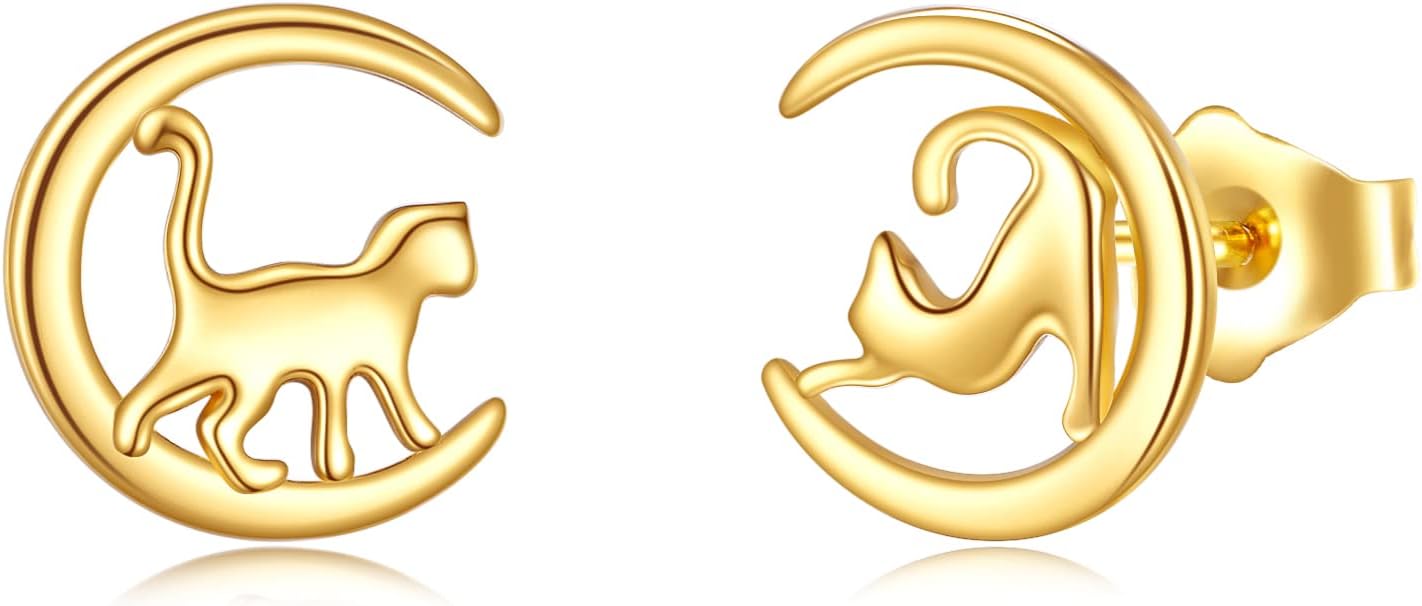 KECHO 14k Gold Animal Moon Stud Earrings for Women - Real Gold Jewelry Gifts