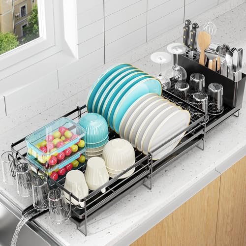 Pantasia Large Dish Drying Rack, Expandable Dish Rack for Kitchen Counter, Dish Drainer with Drainboard Set, Multifunctional Dishrack with Utensil & Cup Holder, 13.4'-28.7' L x 11.8' W x 7.8' H, Black