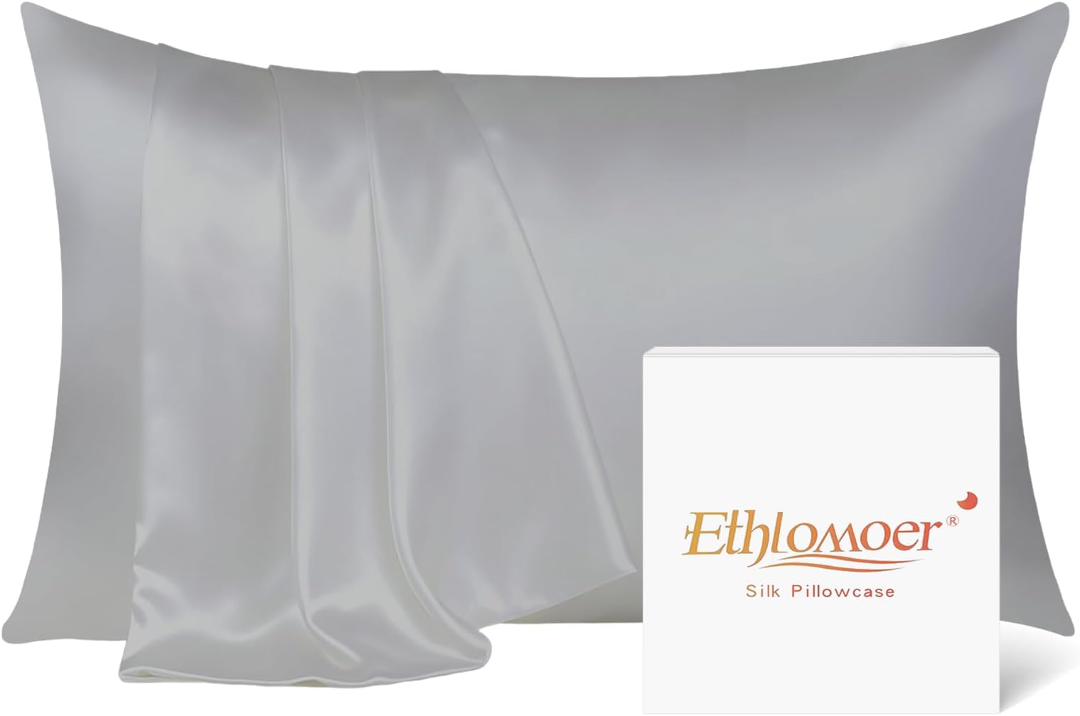 Ethlomoer Natural Pure Silk Pillowcase for Hair and Skin, Both Side 19mm, Hypoallergenic, 600 Thread Count, Smooth Silk Pillow case with Hidden Zipper, Gifts for Women Men, 50x75 cm (Silver)