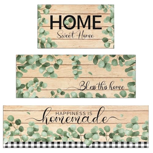 Sage Green Kitchen Rugs Sets of 3 Piece with Runner, Farmhouse Rustic Plaid Watercolor Boho Leaves Kitchen Floor Mat Rug Carpet Sage Green Kitchen Decor and Accessories Stuff for Home