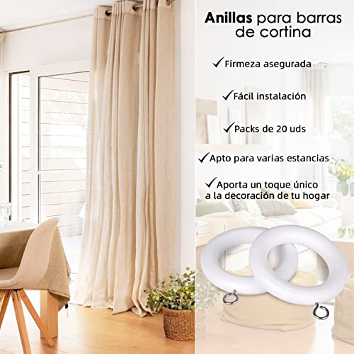 Miniatura 5 de Mercury Textil- Anillas De Cortina De Madera Con Gancho De Acero Inoxidable, Arandelas Para Barra De Cortina De Cortina Ø 28mm Con Ojales. Blanco, 20