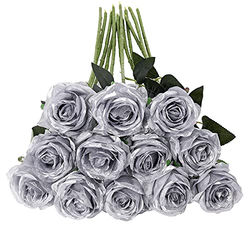 Image of Tifuly 12Pcs Roses Long Stem Fake Silk Artificial Flowers Silver