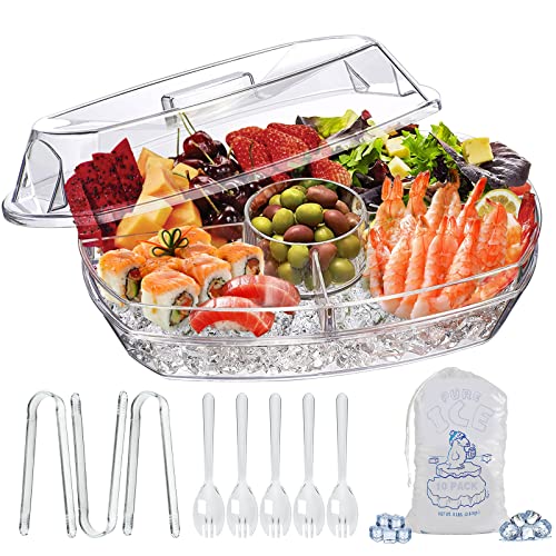 Limoeasy Chilled Serving Tray, 15' Clear Plastic Party Platter With 4 Compartments, Ice Serving Bowl With Lid, Shrimp Cocktail Serving Dish, Cold Food Buffet Server For Fruit, Veggie, Appetizer, Sushi