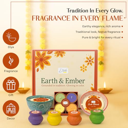 Image of D'Velas Earth & Ember Christmas Gift Set | 2 Scented Bandhani Bowl Candles, 4 Handpainted Votive Cups & 4 Scented Candles | Holiday Home Decor & Gifting | New Year Eve | Premium Fragrance