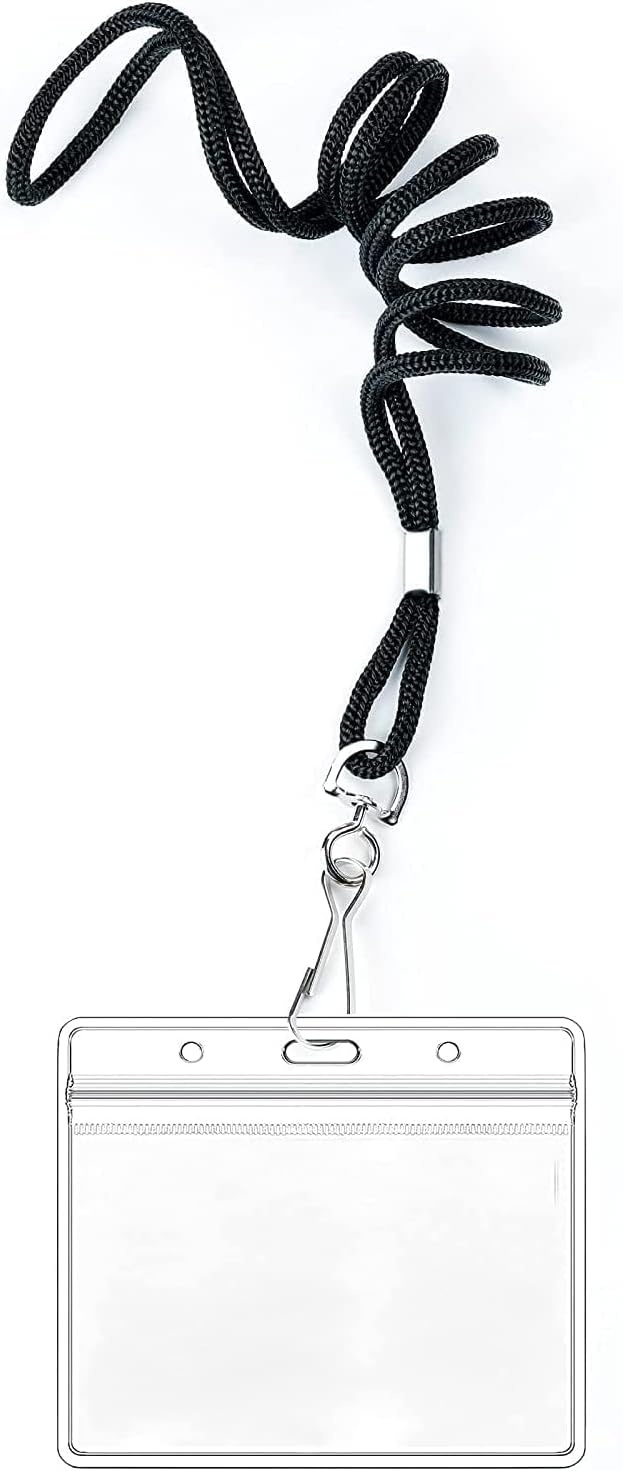 100 Clear Plastic Horizontal Name Tags Badge ID Card Holders and 100 Black Lanyards with Swivel Hook