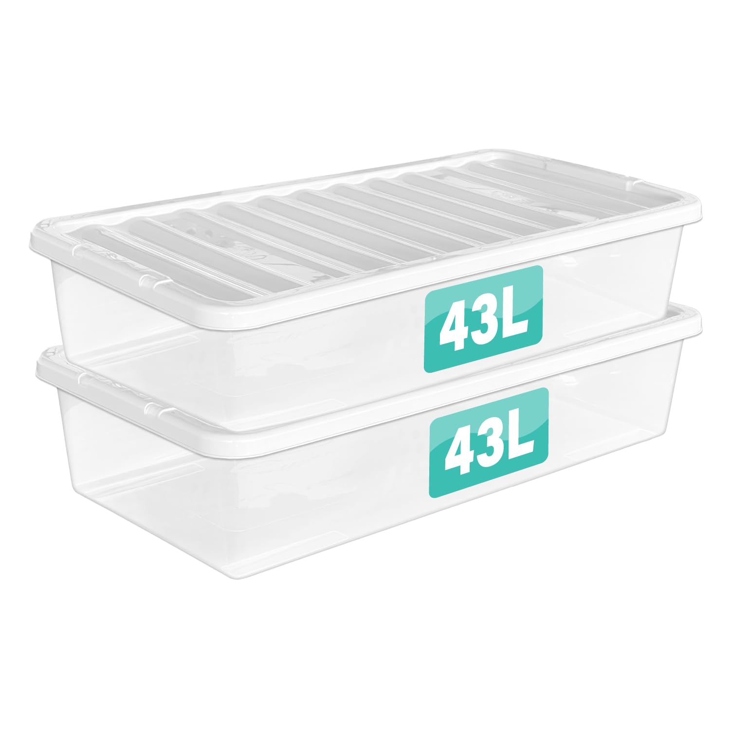 2 x 43 Litre Underbed Clear Plastic Storage Boxes With Lids Set of 2, Transparent Multipurpose Nestable Stackable Plastic Box With Lid Containers For Home, Kitchen, Garage, Office, Accessories