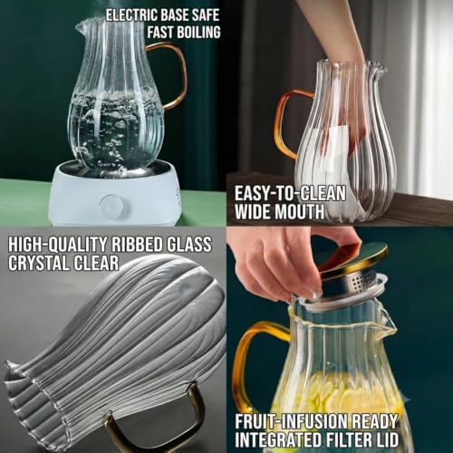Image of Glass Water Jug - 1800ml, Transparent Water Serving Jug, Hot Cold Water Pitcher with Lid Water Jug, Iced Tea, Milk and Juice Beverage Carafe, Lemon Jug (Ribbed Jug)