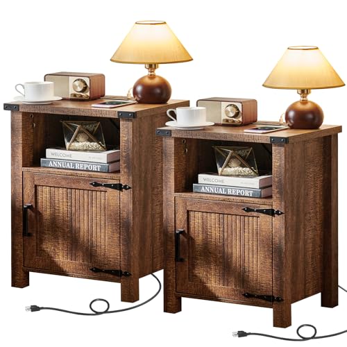 Joaxswe Night Stand Set of 2, 18 Inch Farmhouse Nightstand with with Charging Station and USB Port, Rustic Wood Bedside Table with Magnetic Door, Bed Side Tables for Bedroom, Reclaimed Barnwood