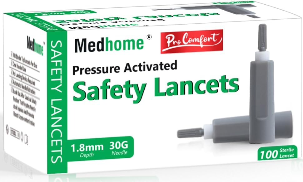 Lancetas de seguridad activadas por presión, 100 unidades, estériles, de un solo uso y suaves para pruebas cómodas (30 G) (30 G)
