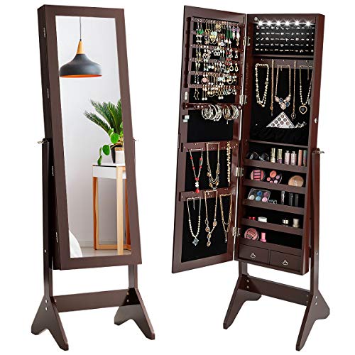 CHARMAID LEDs Jewelry Cabinet with Full-Length Mirror, Lockable Jewelry Armoire with 2 Drawers, 3 Adjustable Tilt Angles, Large Storage Divisional Organizer for Bedroom Dressing Room (Coffee)