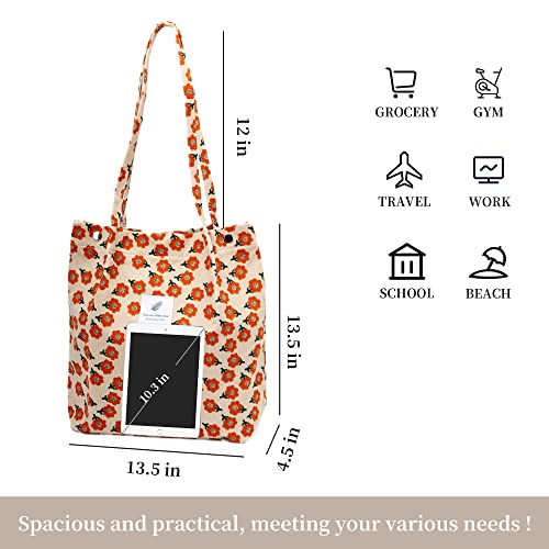 Image of Corduroy Tote Bag Cute Tote Bags for Women Shoulder Bag with Inner Pocket for Work Beach Travel and Shopping Grocery