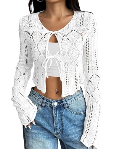 Image of Women's Tie Front Lightweight Cardigan Long Sleeve Crochet Hollow Out Knit Boho Cardigan
