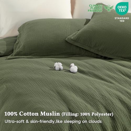 Image of David's Home Cotton Muslin Comforter Set Twin Size, 100% Cotton Cover Ultra-Soft Breathable Skin-Friendly for Spring Summer, 2PCS Linen Like Gauze Bedding Set with Polyester Filling, Olive Green