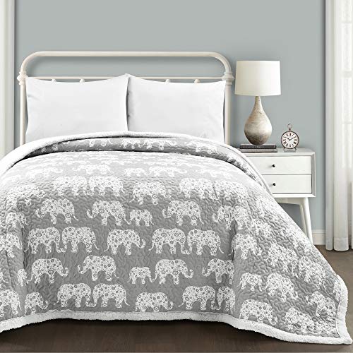 Lush Decor Elephant Parade Sherpa Throw Blanket, Full/Queen, Soft Gray - Animal Print - Cozy Boho Fleece Blanket - Kids or Teen Quilted Coverlet- Oversized Floral Elephant Blanket for Bed or Couch