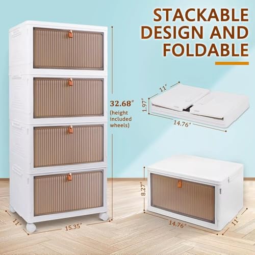 Image of 4 Pack Plastic Cupboard for Storage Multipurpose Stackable Cabinet Drawer, Foldable Wardrobe Organizer for Clothes, Kitchen Storage Cabinet, Modular Almirah with Magnetic Doors, Wheels (White)