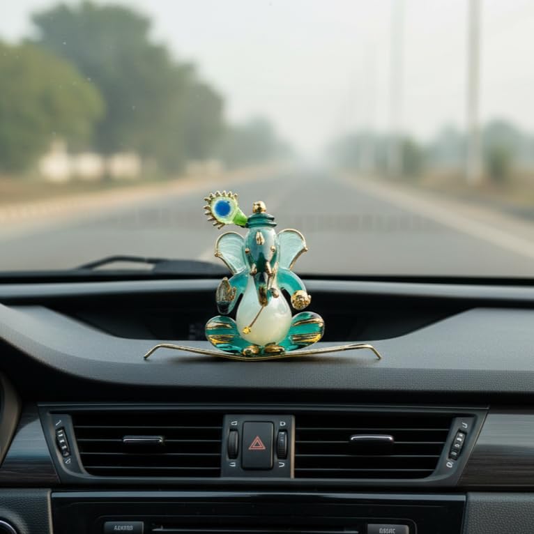Glass Decorative Lord Ganesha Idol Ganpati Bappa Murti | for Home Decor Puja Lord Ganesh Statue Gift for Office Desk Puja Room Figurine, Car Dashboard, House Warming (Green)