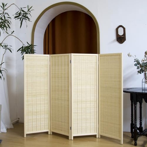 4 Panel Short Panel Divider Screen,3.95 FT Tall Bamboo Room Divider Folding Privacy Screen,Short Panel Divider Freestanding Room Divider for Room Seperation,Beige