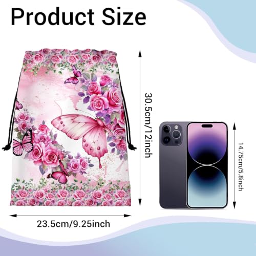 Image of Pink Butterfly Gymnastics Grip Bag Small Drawstring Gym Bag Outdoor Storage