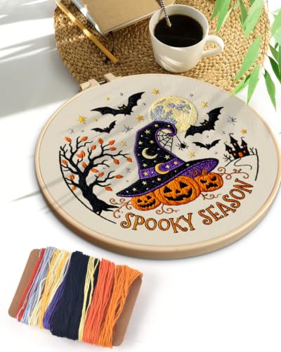 Image of TINDTOP Halloween Embroidery Kit for Adult, Embroidery DIY Starter Kit, with Stamped Patterns, Hoop, Tools, Colorful Threads with Needles, Instructions (Halloween A)