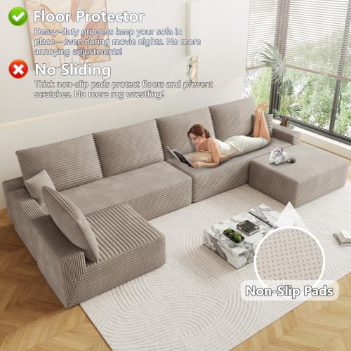 Image of Oversized Modular Sectional Sofa Couch, Large 6 Seater Corner Sofa Modern U Shaped Sectional Couch with Ottoman Cloud Couches for Living Room, Office, Spacious Space, Corduroy, No Assembly, Camel