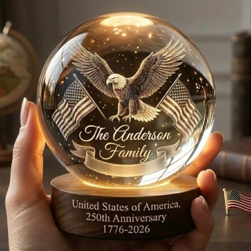 Image of Personalized 250th Anniversary Crystal Ball Night Light, Custom 1776-2026 USA LED Lamp, Engraved Patriotic Gift, American Independence Decor Light for Home, Desk, Veterans Day, 4th of July