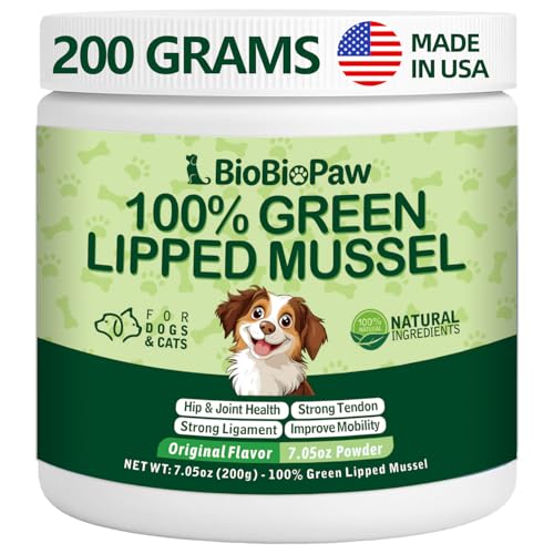 BioBiopaw Pure Green Lipped Mussel Powder for Dogs & Cats 100% New Zealand Sourced Supports Hip & Joint Flexibility Mobility Tendons & Muscle Strength 200 Grams Made in USA