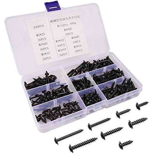 240 Stück Linsenkopf-Blechschrauben,M3 M4 schwarze Blechschrauben Sets Rundkopf Kreuz-Senkkopf-Maschinenschrauben Befestigungsteil 10mm/12mm/16mm/20mm/25mm Cover