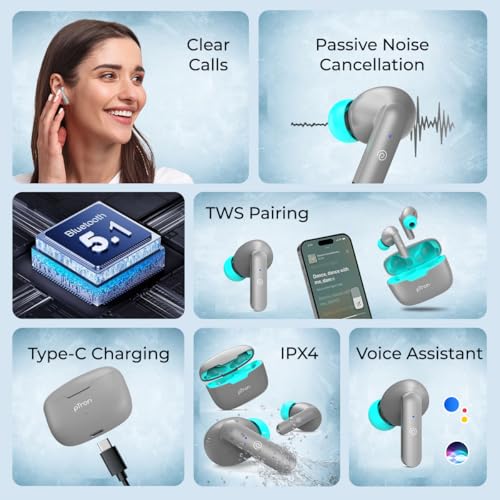 Image of pTron Basspods P81 in-Ear Wireless Earbuds, Pristine Sound, 32Hrs Playtime, Clear Calls TWS Earbuds, Bluetooth V5.1 Headphone, Type-C Fast Charging, Voice Assist & IPX4 Water Resistant (Grey)