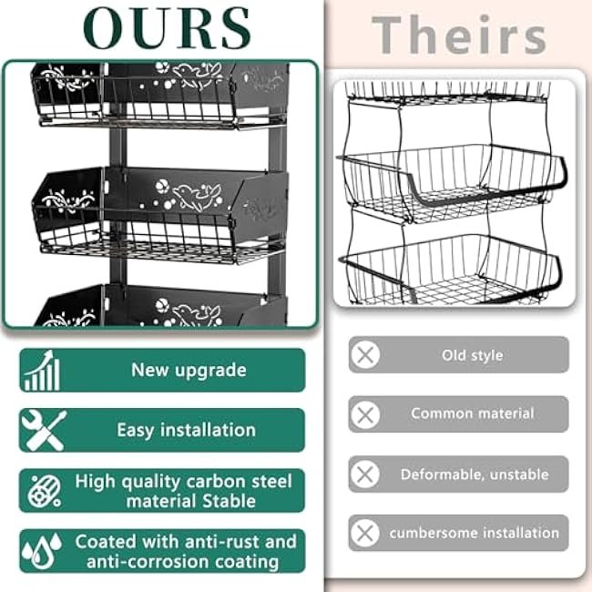 Heavy 4-Tier Snack Cart with Wheels £¬Rolling Pantry Floor Organizers and 4PCS-U-Shaped Stackable Wire Baskets, Suitable for Storage Shelves, Garage Shelving, Kitchen Storage