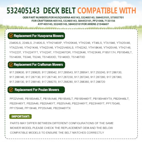Image of 532405143 Deck Belt 1 /2 inchx106 inch for Husqvarna Craftsman Poulan Aramid Cord | Fits Husqvarna YTH /YTA /YT 46 inch and for Craftsman Poulan PP20VA46, replaces 405143 584453101