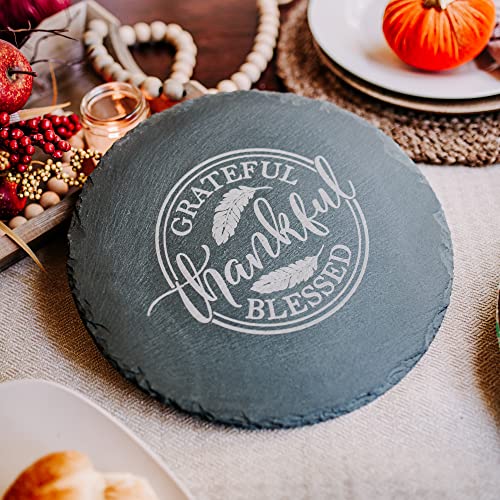 Charcuterie Boards Round 12 Inch Slate Cheese Board Thankful Grateful Blessed Thanksgiving Decoration #TOP20
