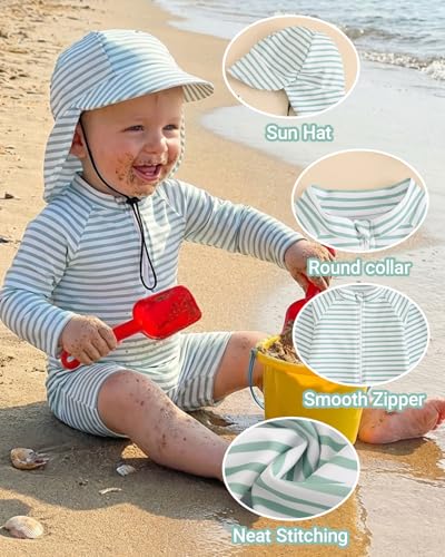 UV Kleidung Baby Badeanzug mit Hut Gr 62-98, Langarm UV Schutzkleidung Schwimmanzug Baby Mädchen Junge, Kleinkind Einteiliger UV Badebekleidung Shirt, Grüner Streifen 1-2 Jahre/80-86