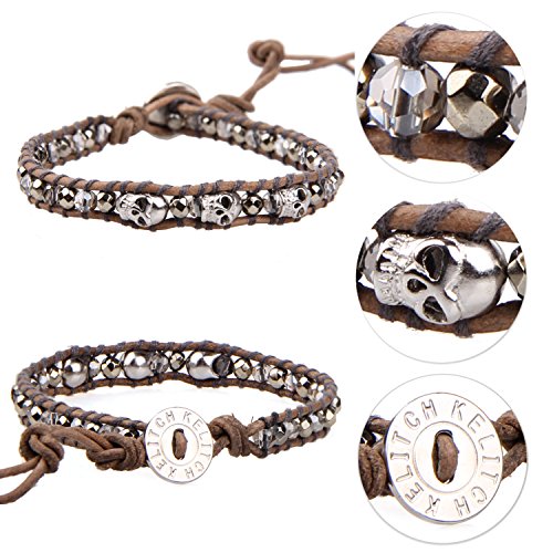 Image of KELITCH 925 Silver Skull Bracelets Wrap Bracelets Women Crystal Beaded Bracelets on Natural Leather