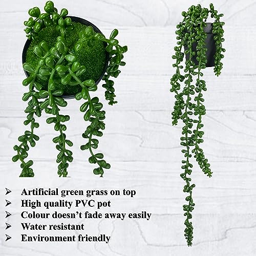 Image of Tdas Plastic & Tpe Artificial Succulent Plants Hanging Flowers Home Decor Items Plant Leaves For Living Room Hall Decorative Decoration Office In Pot (Green, 2-Pcs Hanging Succulent With Pot)
