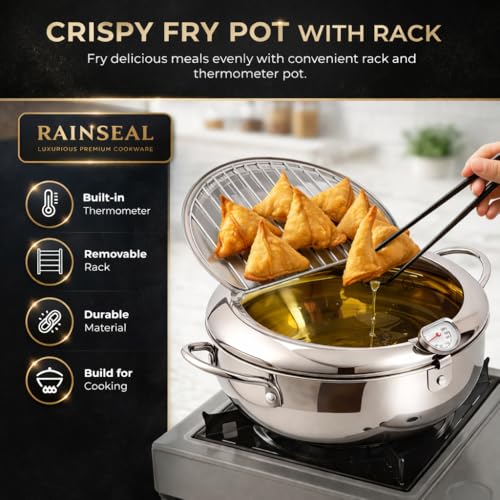 Image of Stainless Steel Deep Fryer Pot with Thermometer and Oil Drip Rack, Tempura Frying Pan with Lid for French Fries, Chicken, Fish and Snacks