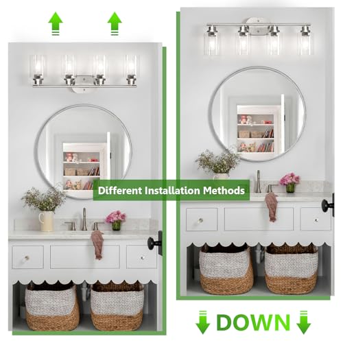 Image of Ascher 4-Light Bathroom Light Fixtures, Modern Vanity Lights with Clear Glass Shade, Brushed Nickel Wall Lamp for Bathroom Mirror Hallway Cabinet Porch
