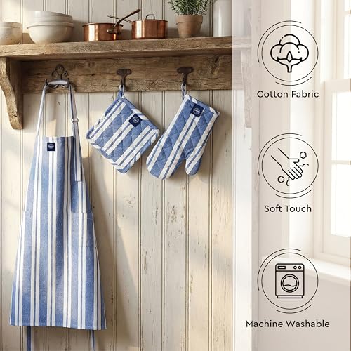 Image of Encasa XO 100% Cotton Apron Set for Women & Men with Adjustable Apron, Oven Gloves & Pot Holder (Pack of 3) Combo, Heat-Resistant, Soft & Durable for Cooking, Baking & Grilling (Franca Blue Stripes)
