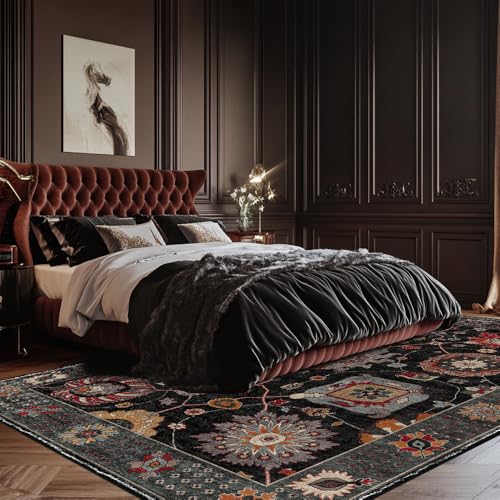 Tapis de salon doux noir rétro rectangulaire de qualité - 2