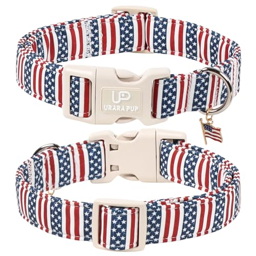 Image of Forth of July Dog Collar, 4th of July Comfortable Cotton Dog Collar, American Flag Collar for Puppy Girl Boy Dog or Cat, Patriotic Bowtie Collar with Metal Buckle, M
