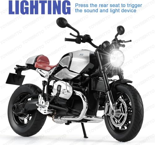 Image of 1:12 Scale BMW R NineT Die-Cast Bike Model with Light & Sound - Pull Back Toy Motorcycle for Kids & Collectors Grey