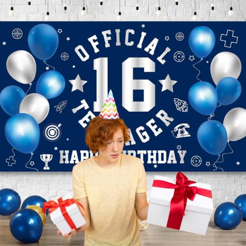 Image of 16th Birthday Decorations for Boys Happy 16th Birthday Banner Blue Silver | Large Official Teenager Sweet 16th Backdrop 16 Year Old HBD Party Decorations Supplies